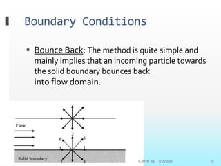 Boundary Conditions
 Bounce Back: The method is quite simple and
mainly implies that an incoming particle towards
the solid boundary bounces back
into flow domain.
7/25/2022 15
ICMFHT-19
 