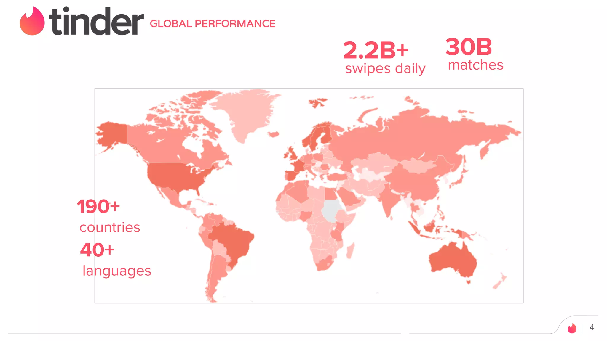 4
GLOBAL PERFORMANCE
190+
countries
40+
languages
2.2B+
swipes daily
30B
matches
 