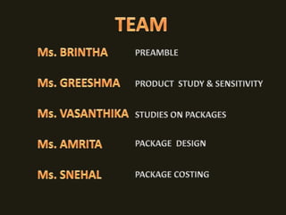 TEAMMs. BRINTHAMs. GREESHMAMs. VASANTHIKAMs. AMRITAMs. SNEHALPREAMBLE PRODUCT  STUDY & SENSITIVITYSTUDIES ON PACKAGESPACKAGE  DESIGNPACKAGE COSTING 