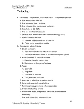 Krupala_Group 3_LS 5333_P&P
Taylor Middle School                                                  2007-2008

       Technology

       I. Technology Competencies for Today’s School Library Media Specialist
          A. Use online journal sources
          B. Use automated library systems
          C. Use in-house video conferencing equipment
          D. Knowledge of CD-ROMs
          E. Use and construct a WebQuest
          F. Ability to work with teachers who are not technology savvy
          G. Collaborate with teachers
              1. Integrate subject matter and technology
              2. Foster higher order thinking skills
       II. Keep current with technology
          A. Library computers
              1. How many workstations in the media center
              2. Decide what software needs to be on each computer system
          B. Have knowledge of computer software
              1. Know the rights for copyrighting
              2. Know terms for licensure of software
          C. Teach
              1. Copyright
              2. Plagiarism
              3. Evaluation of websites
              4. Citing electronic resources
          D. Advocate for a full-time technology teacher
          E. Have continuous technology training
          F. Participate in equipment and software selection
          G. Consider networking options
          H. Understand, model, and promote ethical issues and uses of
              technology
          I. Use basic productivity software such as

                                                                            15
T. Buckles, M. Oxendine, J. Krupala, K. Yerigan
 