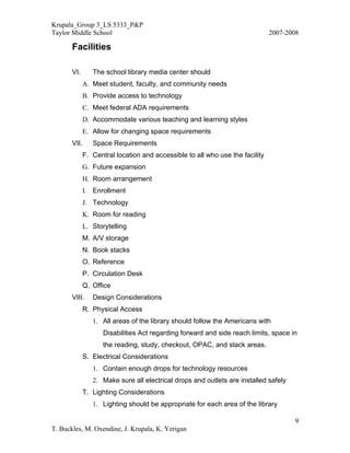 Krupala_Group 3_LS 5333_P&P
Taylor Middle School                                                           2007-2008

       Facilities

       VI.       The school library media center should
              A. Meet student, faculty, and community needs
              B. Provide access to technology
              C. Meet federal ADA requirements
              D. Accommodate various teaching and learning styles
              E. Allow for changing space requirements
       VII.      Space Requirements
              F. Central location and accessible to all who use the facility
              G. Future expansion
              H. Room arrangement
              I. Enrollment
              J. Technology
              K. Room for reading
              L. Storytelling
              M. A/V storage
              N. Book stacks
              O. Reference
              P. Circulation Desk
              Q. Office
       VIII.     Design Considerations
              R. Physical Access
                 1. All areas of the library should follow the Americans with
                     Disabilities Act regarding forward and side reach limits, space in
                     the reading, study, checkout, OPAC, and stack areas.
              S. Electrical Considerations
                 1. Contain enough drops for technology resources
                 2. Make sure all electrical drops and outlets are installed safely
              T. Lighting Considerations
                 1. Lighting should be appropriate for each area of the library

                                                                                      9
T. Buckles, M. Oxendine, J. Krupala, K. Yerigan
 