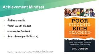 Achievement Mindset/
▰  ตั้งเป้าหมายสูงลิ่ว/
▰  พัฒนา Growth Mindset/
▰  constructive feedback/
▰  จัดการพัฒนา grit (อิทธิบาท ๔) /
https://www.gotoknow.org/posts/tags/สอนเข้ม%20เพื่อศิษย์ขาดแคลน!
 
