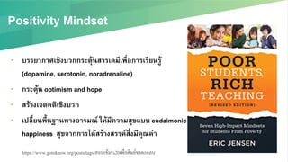 Positivity Mindset/
▰  บรรยากาศเชิงบวกกระตุ้นสารเคมีเพื่อการเรียนรู้
(dopamine, serotonin, noradrenaline) /
▰  กระตุ้น optimism and hope/
▰  สร้างเจตคติเชิงบวก/
▰  เปลี่ยนพื้นฐานทางอารมณ์ ให้มีความสุขแบบ eudaimonic
happiness สุขจากการได้สร้างสรรค์สิ่งมีคุณค่า/
https://www.gotoknow.org/posts/tags/สอนเข้ม%20เพื่อศิษย์ขาดแคลน!
 