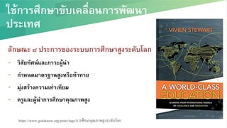 ใช้การศึกษาขับเคลื่อนการพัฒนา
ประเทศ/
ลักษณะ ๘ ประการของระบบการศึกษาสูงระดับโลก/
▰  วิสัยทัศน์และภาวะผู้นำ/
▰  กำหนดมาตรฐานสูงหรือท้าทาย/
▰  มุ่งสร้างความเท่าเทียม/
▰  ครูและผู้นำการศึกษาคุณภาพสูง/
https://www.gotoknow.org/posts/tags/การศึกษาคุณภาพสูงระดับโลก!
 