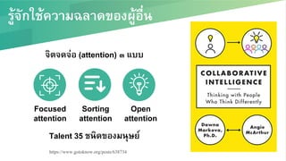รู้จักใช้ความฉลาดของผู้อื่น/
จิตจดจ่อ (attention) ๓ แบบ/
https://www.gotoknow.org/posts/638734!
Focused/
attention/
Sorting/
attention/
Open/
attention /
Talent 35 ชนิดของมนุษย์/
 