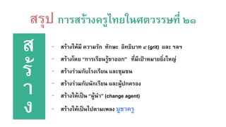 สรุป การสร้างครูไทยในศตวรรษที่ ๒๑/
ส/
ร้/
า/
ง/
▰  สร้างให้มี ความรัก ทักษะ อิทธิบาท ๔ (grit) และ ฯลฯ /
▰  สร้างโดย “การเรียนรู้ขาออก” ที่มีเป้าหมายยิ่งใหญ่ /
▰  สร้างร่วมกับโรงเรียน และชุมชน /
▰  สร้างร่วมกับนักเรียน และผู้ปกครอง /
▰  สร้างให้เป็น “ผู้นำ” (change agent)/
▰  สร้างให้เป็นไปตามเพลง บูชาครู/
 
