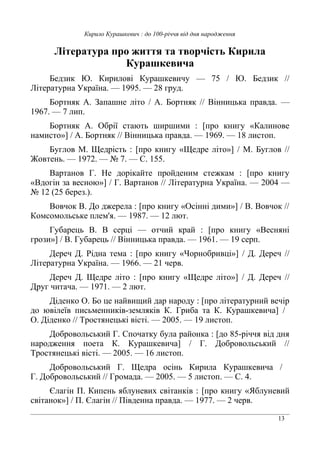 13
Кирило Курашкевич : до 100-річчя від дня народження
Література про життя та творчість Кирила
Курашкевича
Бедзик Ю. Кирилові Курашкевичу — 75 / Ю. Бедзик //
Літературна Україна. — 1995. — 28 груд.
Бортняк А. Запашне літо / А. Бортняк // Вінницька правда. —
1967. — 7 лип.
Бортняк А. Обрії стають ширшими : [про книгу «Калинове
намисто»] / А. Бортняк // Вінницька правда. — 1969. — 18 листоп.
Буглов М. Щедрість : [про книгу «Щедре літо»] / М. Буглов //
Жовтень. — 1972. — № 7. — С. 155.
Вартанов Г. Не дорікайте пройденим стежкам : [про книгу
«Вдогін за весною»] / Г. Вартанов // Літературна Україна. — 2004 —
№ 12 (25 берез.).
Вовчок В. До джерела : [про книгу «Осінні дими»] / В. Вовчок //
Комсомольське плем'я. — 1987. — 12 лют.
Губарець В. В серці — отчий край : [про книгу «Весняні
грози»] / В. Губарець // Вінницька правда. — 1961. — 19 серп.
Дереч Д. Рідна тема : [про книгу «Чорнобривці»] / Д. Дереч //
Літературна Україна. — 1966. — 21 черв.
Дереч Д. Щедре літо : [про книгу «Щедре літо»] / Д. Дереч //
Друг читача. — 1971. — 2 лют.
Діденко О. Бо це найвищий дар народу : [про літературний вечір
до ювілеїв письменників-земляків К. Гриба та К. Курашкевича] /
О. Діденко // Тростянецькі вісті. — 2005. — 19 листоп.
Добровольський Г. Спочатку була районка : [до 85-річчя від дня
народження поета К. Курашкевича] / Г. Добровольський //
Тростянецькі вісті. — 2005. — 16 листоп.
Добровольський Г. Щедра осінь Кирила Курашкевича /
Г. Добровольський // Громада. — 2005. — 5 листоп. — С. 4.
Єлагін П. Кипень яблуневих світанків : [про книгу «Яблуневий
світанок»] / П. Єлагін // Південна правда. — 1977. — 2 черв.
 