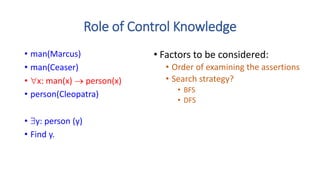 Role of Control Knowledge
• man(Marcus)
• man(Ceaser)
• x: man(x)  person(x)
• person(Cleopatra)
• y: person (y)
• Find y.
• Factors to be considered:
• Order of examining the assertions
• Search strategy?
• BFS
• DFS
 