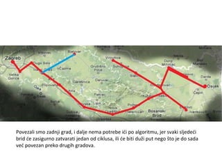 Povezali smo zadnji grad, i dalje nema potrebe ići po algoritmu, jer svaki sljedeći brid će zasigurno zatvarati jedan od ciklusa, ili će biti duži put nego što je do sada već povezan preko drugih gradova. 