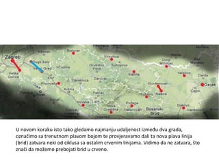 U novom koraku isto tako gledamo najmanju udaljenost između dva grada, označimo sa trenutnom plavom bojom te provjeravamo dali ta nova plava linija (brid) zatvara neki od ciklusa sa ostalim crvenim linijama. Vidimo da ne zatvara, što znači da možemo prebojati brid u crveno. 