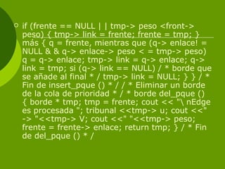  if (frente == NULL | | tmp-> peso <front->
peso) { tmp-> link = frente; frente = tmp; }
más { q = frente, mientras que (q-> enlace! =
NULL & & q-> enlace-> peso < = tmp-> peso)
q = q-> enlace; tmp-> link = q-> enlace; q->
link = tmp; si (q-> link == NULL) / * borde que
se añade al final * / tmp-> link = NULL; } } / *
Fin de insert_pque () * / / * Eliminar un borde
de la cola de prioridad * / * borde del_pque ()
{ borde * tmp; tmp = frente; cout << " nEdge
es procesada "; tribunal <<tmp-> u; cout <<"
-> "<<tmp-> V; cout <<" "<<tmp-> peso;
frente = frente-> enlace; return tmp; } / * Fin
de del_pque () * /
 