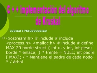  <iostream.h> # include # include
<process.h> <malloc.h> # include # define
MAX 20 borde struct { int u, v int, int peso;
borde * enlace; } * frente = NULL; int padre
[ MAX]; / * Mantiene el padre de cada nodo
* / árbol
CODIGO Y PSEUDOCODIGO
 