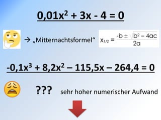 0,01x2 + 3x - 4 = 0
-0,1x3 + 8,2x2 – 115,5x – 264,4 = 0
 „Mitternachtsformel“
??? sehr hoher numerischer Aufwand
 