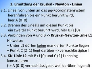 3.1. Lineal von unten an das pq-Koordinatensystem
heranführen bis ein Punkt berührt wird,
hier A (0|0)
3. Ermittlung der Kruskal - Newton - Linien
3.2. Drehen des Lineals um diesen Punkt bis
ein zweiter Punkt berührt wird, hier B (1|0)
3.3. Verbinden von A und B -> Kruskal-Newton-Linie L1
Hinweise:
+ Unter L1 dürfen keine markierten Punkte liegen
+ Punkt C (2|1) liegt darüber -> vernachlässigbar!
3.4. KN-Linie L2 mit B (1|0) und C (2|1) analog
konstruieren
(-> A (0|0) vernachlässigbar, weil darüber liegend)
 