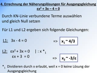 Für L1 und L2 ergeben sich folgende Gleichungen:
4. Errechnung der Näherungslösungen für Ausgangsgleichung
εx2 + 3x – 4 = 0
Durch KN-Linie verbundene Terme auswählen
und gleich Null setzen
L1: 3x - 4 = 0 => x1 ~ 4/3
L2: εx2 + 3x = 0 | : x *1
εx + 3 = 0
*1 Dividieren durch x erlaubt, weil x = 0 keine Lösung der
Ausgangsgleichung
=> x2 ~ -3/ε
 