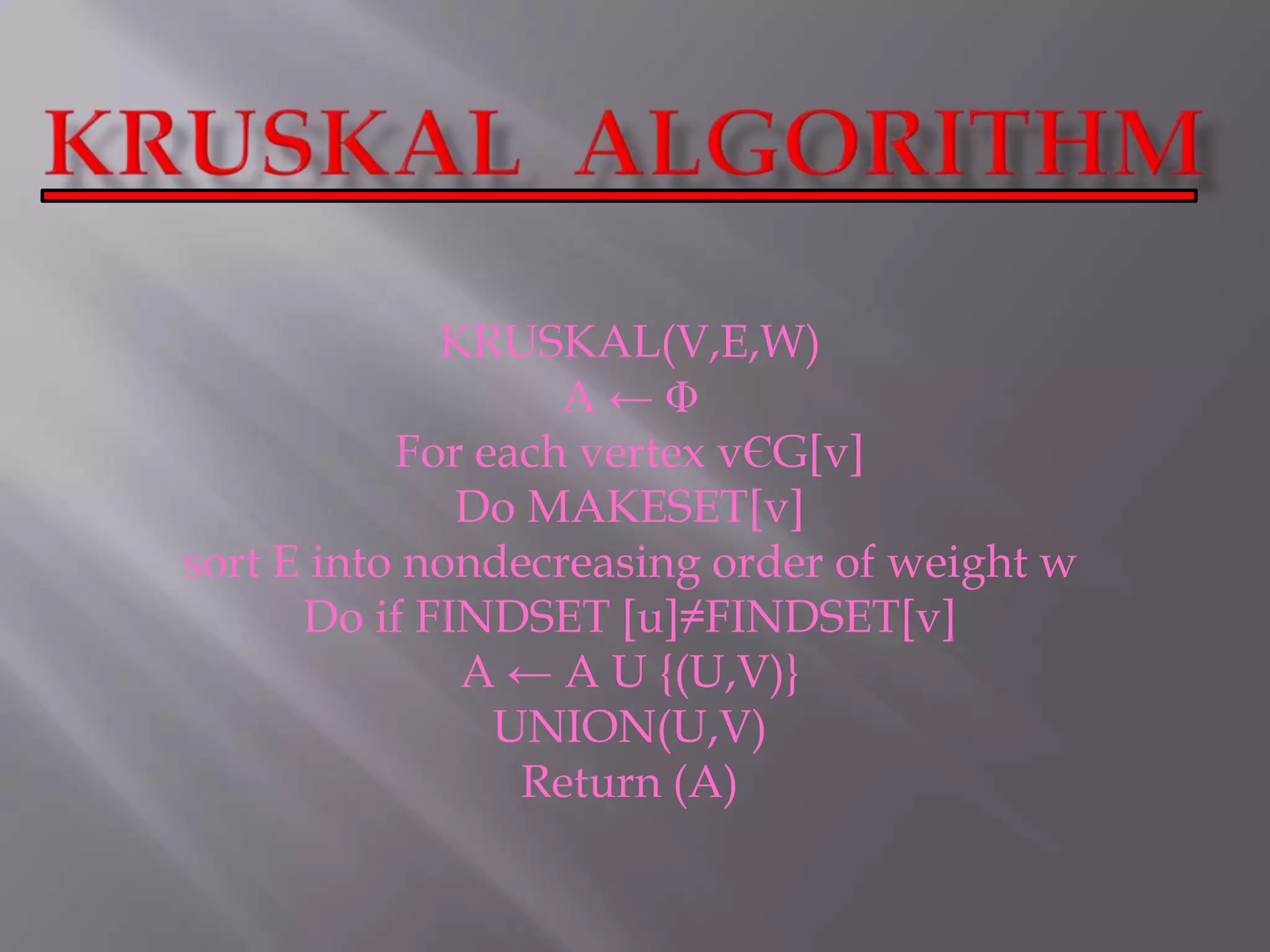 Kruskal  AlgorithmKRUSKAL(V,E,W)A ← ΦFor each vertex vЄG[v]Do MAKESET[v]sort E into nondecreasing order of weight wDo if FINDSET [u]≠FINDSET[v]A ← A U {(U,V)}UNION(U,V)Return (A)