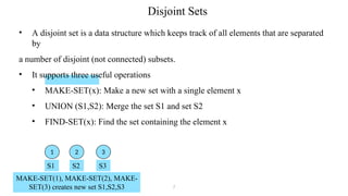 Disjoint Sets
7
• A disjoint set is a data structure which keeps track of all elements that are separated
by
a number of disjoint (not connected) subsets.
• It supports three useful operations
• MAKE-SET(x): Make a new set with a single element x
• UNION (S1,S2): Merge the set S1 and set S2
• FIND-SET(x): Find the set containing the element x
1 2 3
S1 S2 S3
MAKE-SET(1), MAKE-SET(2), MAKE-
SET(3) creates new set S1,S2,S3
 