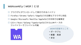 WebAssembly（WASM）とは
 ブラウザにダウンロードして実行できるバイナリ
 Firefox／Chrome／Safari／Edgeなどの主要なブラウザに対応
 Google／Microsoft／Mozilla／Appleなどが共同で仕様策定
 C/C++／Rust／Golang／TypeScriptなどからLLVMベースの
コンパイラーでコンパイル可能
WASMの目指すところ
• ポータブル
• 軽量・高速
• 安全
 