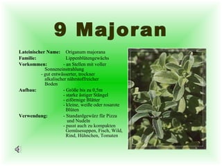 9 Majoran Lateinischer Name:   Origanum majorana Familie:   Lippenblütengewächs Vorkommen: - an Stellen mit voller    Sonneneinstrahlung  - gut entwässerter, trockner    alkalischer nährstoffreicher   Boden  Aufbau: - Größe bis zu 0,5m - starke ästiger Stängel - eiförmige Blätter - kleine, weiße oder rosarote    Blüten Verwendung: - Standardgewürz für Pizza    und Nudeln - passt auch zu kompakten    Gemüsesuppen, Fisch, Wild,    Rind, Hühnchen, Tomaten 