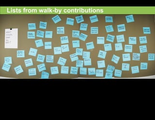 Lists from walk-by contributions




                          ADAPTIVE PATH | UX WEEK 2007 | 13 August 2007 | 19
 