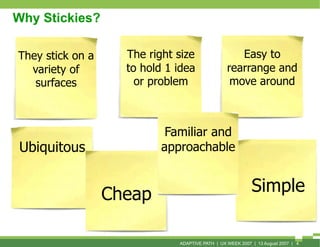 Why Stickies?

They stick on a     The right size                  Easy to
  variety of        to hold 1 idea             ...