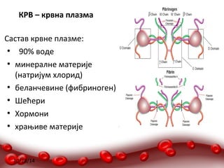 КРВ – крвна плазма 
Састав крвне плазме: 
● 90% воде 
● минералне материје 
(натријум хлорид) 
● беланчевине (фибриноген) 
● Шећери 
● Хормони 
● храњиве материје 
10/28/14 
 