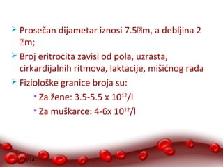  Prosečan dijametar iznosi 7.5m, a debljina 2 
m; 
 Broj eritrocita zavisi od pola, uzrasta, 
cirkardijalnih ritmova, laktacije, mišićnog rada 
 Fiziološke granice broja su: 
• Za žene: 3.5-5.5 x 1012/l 
• Za muškarce: 4-6x 1012/l 
10/28/14 
 