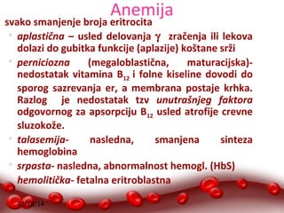 10/28/14 
Аnеmiја 
 svako smanjenje broja eritrocita 
 aplastična – usled delovanja g zračenja ili lekova 
dolazi do gubitka funkcije (aplazije) koštane srži 
 perniciozna (megaloblastična, maturacijska)- 
nedostatak vitamina B12 i folne kiseline dovodi do 
sporog sazrevanja er, a membrana postaje krhka. 
Razlog je nedostatak tzv unutrašnjeg faktora 
odgovornog za apsorpciju B12 usled atrofije crevne 
sluzokože. 
 talasemija- nasledna, smanjena sinteza 
hemoglobina 
 srpasta- nasledna, abnormalnost hemogl. (HbЅ) 
 hemolitička- fetalna eritroblastna 
 