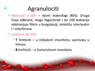  Agranulociti 
 Monociti 2-10% – tkivni makrofagi (RES). Druga 
linija odbrane; mogu fagocitirati i do 100 bakterija 
odstranjuju fibrin u koagulaciji; sintetišu interleukin 
I i interferone 
 Limfociti 20-35% 
• T limfociti – u ćelijskom imunitetu; sazrevaju u 
timusu 
• B limfociti – u humoralnom imunitetu 
10/28/14 
 