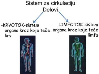 Sistem za cirkulaciju
Delovi
-KRVOTOK-sistem
organa kroz koje teče
krv
-LIMFOTOK-sistem
organa kroz koje teče
limfa
 