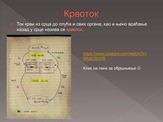  Ток крви из срца до плућа и свих органа, као и њено враћање
назад у срце назива се крвоток.
https://www.youtube.com/watch?v=
09qkDtlUcf8
Клик на линк за објашњење 
 