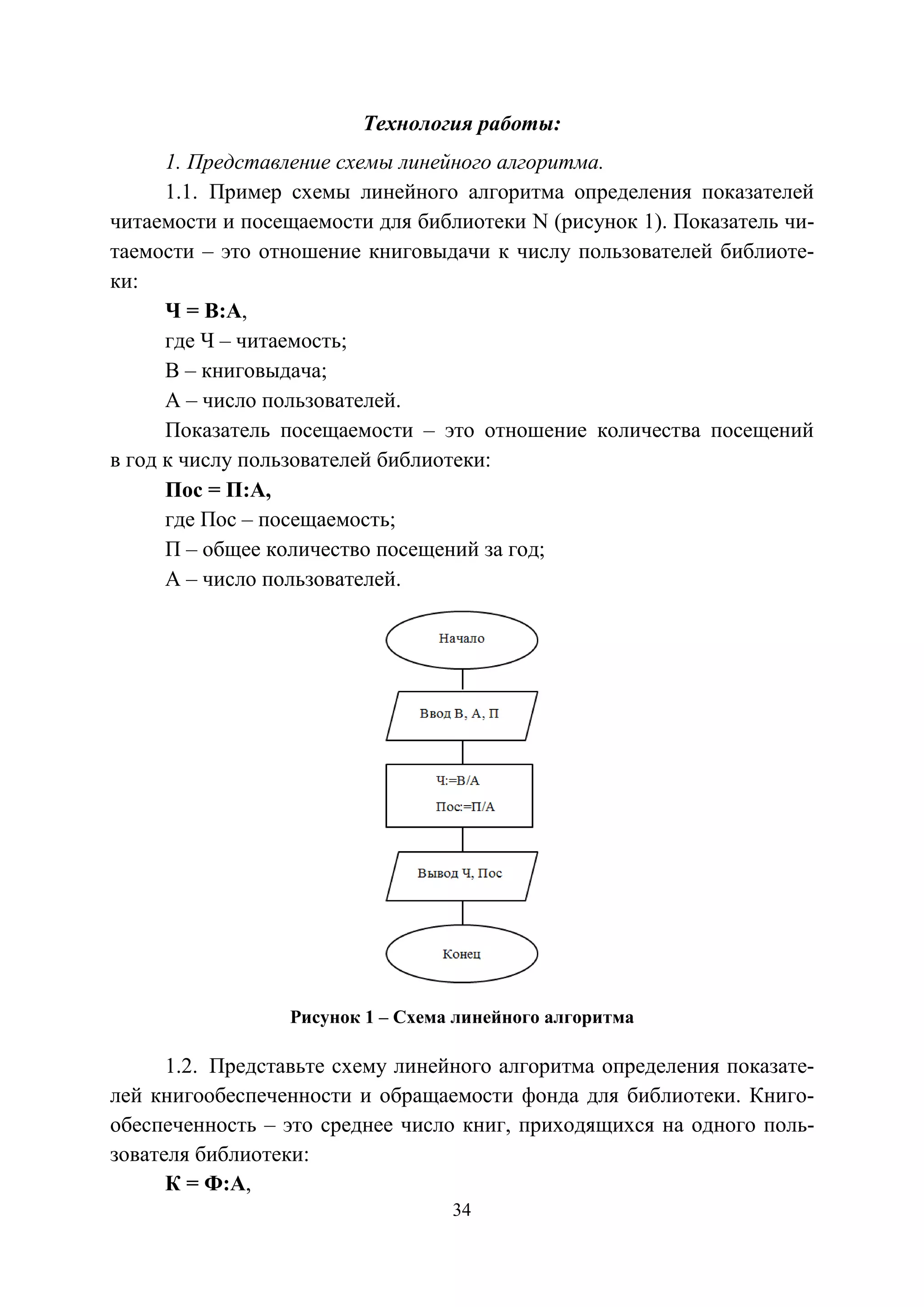 34
Технология работы:
1. Представление схемы линейного алгоритма.
1.1. Пример схемы линейного алгоритма определения показателей
читаемости и посещаемости для библиотеки N (рисунок 1). Показатель чи-
таемости – это отношение книговыдачи к числу пользователей библиоте-
ки:
Ч = В:А,
где Ч – читаемость;
В – книговыдача;
А – число пользователей.
Показатель посещаемости – это отношение количества посещений
в год к числу пользователей библиотеки:
Пос = П:А,
где Пос – посещаемость;
П – общее количество посещений за год;
А – число пользователей.
Рисунок 1 – Схема линейного алгоритма
1.2. Представьте схему линейного алгоритма определения показате-
лей книгообеспеченности и обращаемости фонда для библиотеки. Книго-
обеспеченность – это среднее число книг, приходящихся на одного поль-
зователя библиотеки:
К = Ф:А,
Copyright ОАО «ЦКБ «БИБКОМ» & ООО «Aгентство Kнига-Cервис»
 