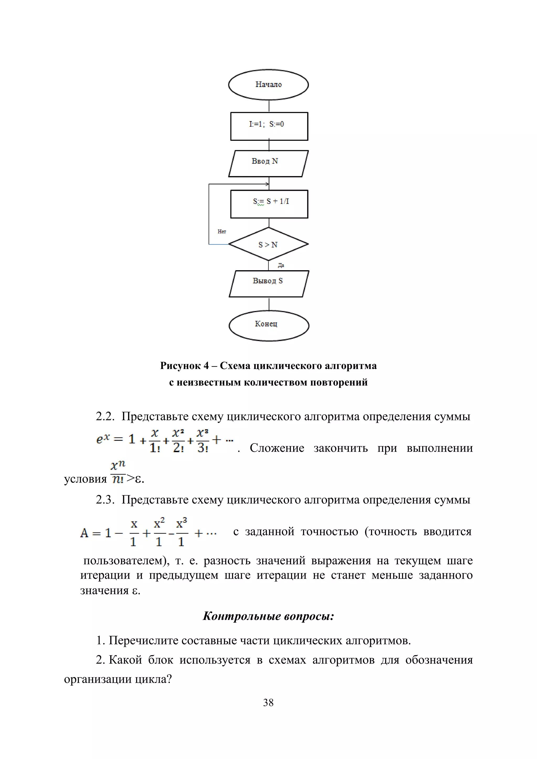 38
Рисунок 4 – Схема циклического алгоритма
с неизвестным количеством повторений
2.2. Представьте схему циклического алгоритма определения суммы
. Сложение закончить при выполнении
условия >ε.
2.3. Представьте схему циклического алгоритма определения суммы
с заданной точностью (точность вводится
пользователем), т. е. разность значений выражения на текущем шаге
итерации и предыдущем шаге итерации не станет меньше заданного
значения ε.
Контрольные вопросы:
1. Перечислите составные части циклических алгоритмов.
2. Какой блок используется в схемах алгоритмов для обозначения
организации цикла?
Copyright ОАО «ЦКБ «БИБКОМ» & ООО «Aгентство Kнига-Cервис»
 
