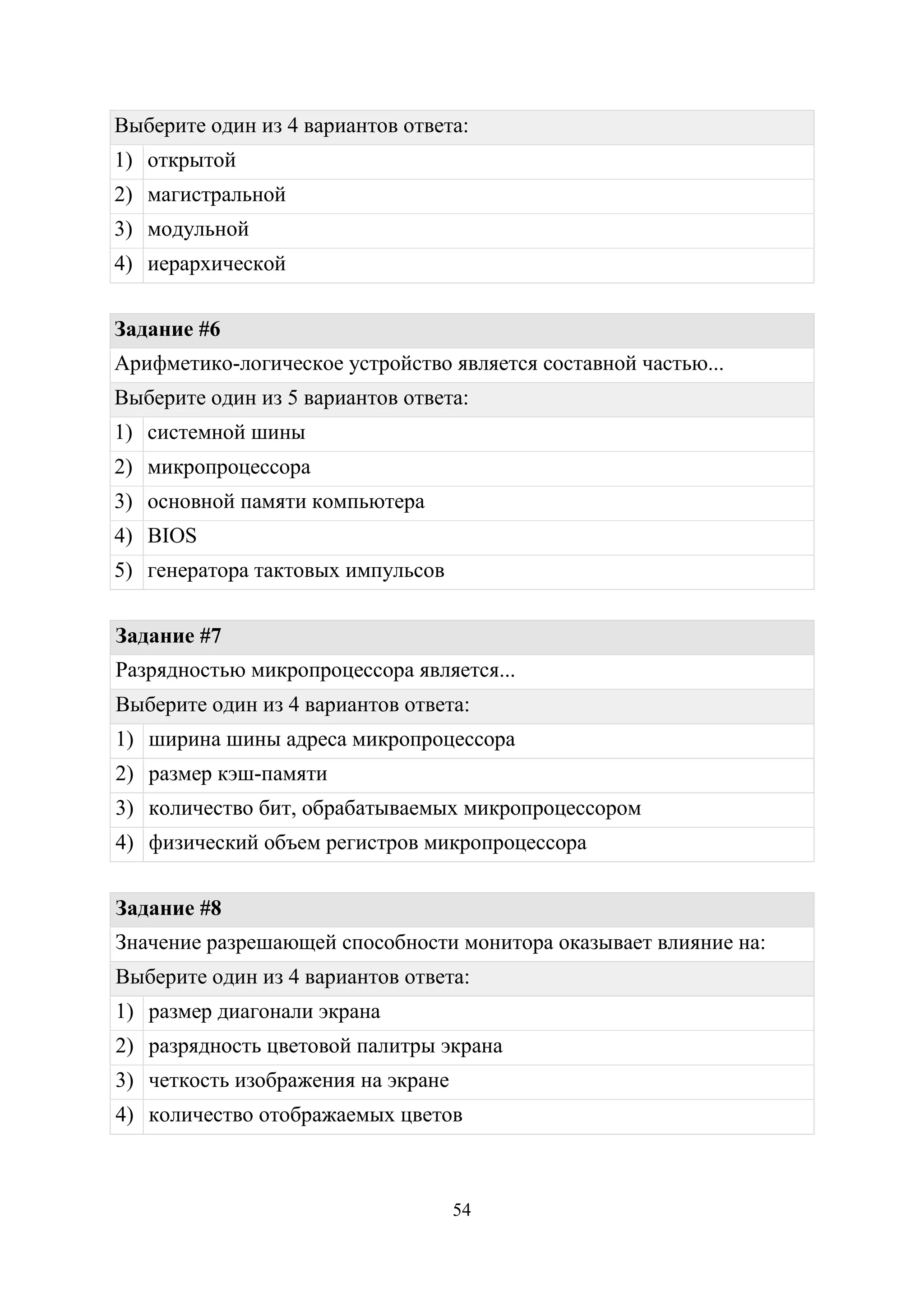 54
Выберите один из 4 вариантов ответа:
1) открытой
2) магистральной
3) модульной
4) иерархической
Задание #6
Арифметико-логическое устройство является составной частью...
Выберите один из 5 вариантов ответа:
1) системной шины
2) микропроцессора
3) основной памяти компьютера
4) BIOS
5) генератора тактовых импульсов
Задание #7
Разрядностью микропроцессора является...
Выберите один из 4 вариантов ответа:
1) ширина шины адреса микропроцессора
2) размер кэш-памяти
3) количество бит, обрабатываемых микропроцессором
4) физический объем регистров микропроцессора
Задание #8
Значение разрешающей способности монитора оказывает влияние на:
Выберите один из 4 вариантов ответа:
1) размер диагонали экрана
2) разрядность цветовой палитры экрана
3) четкость изображения на экране
4) количество отображаемых цветов
Copyright ОАО «ЦКБ «БИБКОМ» & ООО «Aгентство Kнига-Cервис»
 