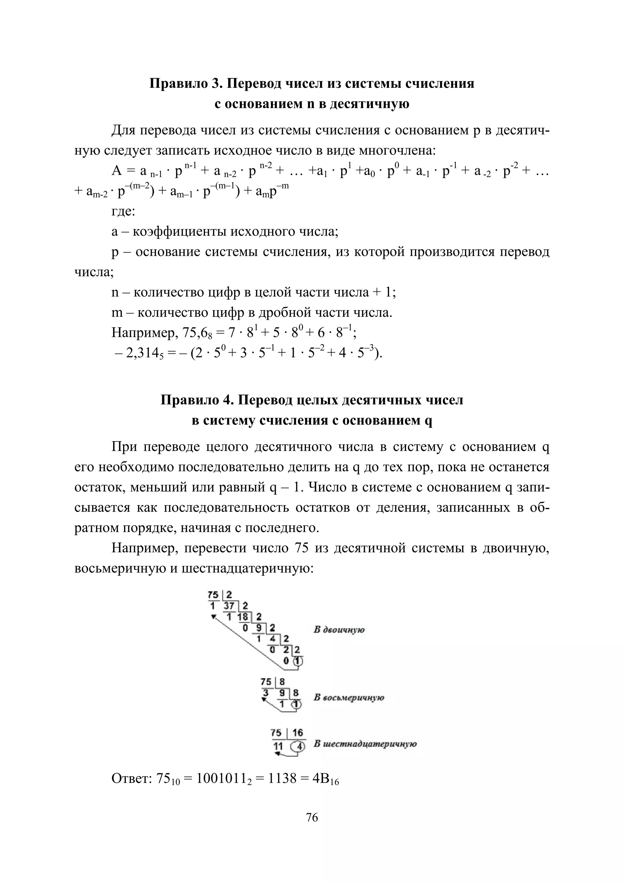 76
Правило 3. Перевод чисел из системы счисления
с основанием n в десятичную
Для перевода чисел из системы счисления с основанием p в десятич-
ную следует записать исходное число в виде многочлена:
A = a n-1 · p n-1
+ a n-2 · p n-2
+ … +a1 · p1
+a0 · p0
+ a-1 · p-1
+ a -2 · p-2
+ …
+ am-2 · p–(m–2
) + am–1 · p–(m–1
) + amp–m
где:
а – коэффициенты исходного числа;
p – основание системы счисления, из которой производится перевод
числа;
n – количество цифр в целой части числа + 1;
m – количество цифр в дробной части числа.
Например, 75,68 = 7 · 81
+ 5 · 80
+ 6 · 8–1
;
– 2,3145 = – (2 · 50
+ 3 · 5–1
+ 1 · 5–2
+ 4 · 5–3
).
Правило 4. Перевод целых десятичных чисел
в систему счисления с основанием q
При переводе целого десятичного числа в систему с основанием q
его необходимо последовательно делить на q до тех пор, пока не останется
остаток, меньший или равный q – 1. Число в системе с основанием q запи-
сывается как последовательность остатков от деления, записанных в об-
ратном порядке, начиная с последнего.
Например, перевести число 75 из десятичной системы в двоичную,
восьмеричную и шестнадцатеричную:
Ответ: 7510 = 10010112 = 1138 = 4B16
Copyright ОАО «ЦКБ «БИБКОМ» & ООО «Aгентство Kнига-Cервис»
 