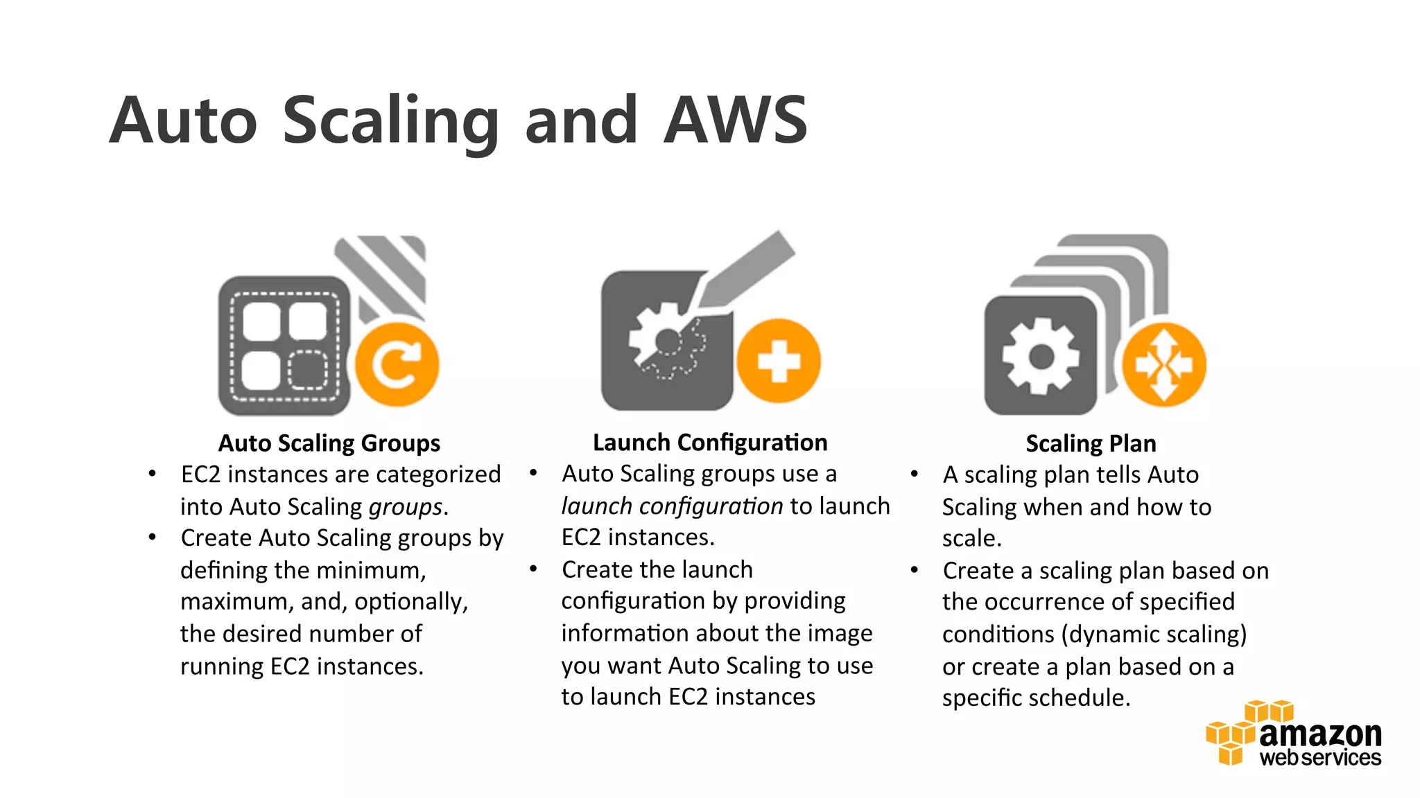 v	
  
Auto Scaling and AWS
Auto	
  Scaling	
  Groups	
  
•  EC2	
  instances	
  are	
  categorized	
  
into	
  Auto	
  Scaling	
  groups.	
  
•  Create	
  Auto	
  Scaling	
  groups	
  by	
  
deﬁning	
  the	
  minimum,	
  
maximum,	
  and,	
  opDonally,	
  
the	
  desired	
  number	
  of	
  
running	
  EC2	
  instances.	
  
Launch	
  Conﬁgura5on	
  
•  Auto	
  Scaling	
  groups	
  use	
  a	
  
launch	
  conﬁgura.on	
  to	
  launch	
  
EC2	
  instances.	
  	
  
•  Create	
  the	
  launch	
  
conﬁguraDon	
  by	
  providing	
  
informaDon	
  about	
  the	
  image	
  
you	
  want	
  Auto	
  Scaling	
  to	
  use	
  
to	
  launch	
  EC2	
  instances	
  
Scaling	
  Plan	
  
•  A	
  scaling	
  plan	
  tells	
  Auto	
  
Scaling	
  when	
  and	
  how	
  to	
  
scale.	
  	
  
•  Create	
  a	
  scaling	
  plan	
  based	
  on	
  
the	
  occurrence	
  of	
  speciﬁed	
  
condiDons	
  (dynamic	
  scaling)	
  
or	
  create	
  a	
  plan	
  based	
  on	
  a	
  
speciﬁc	
  schedule.	
  
 