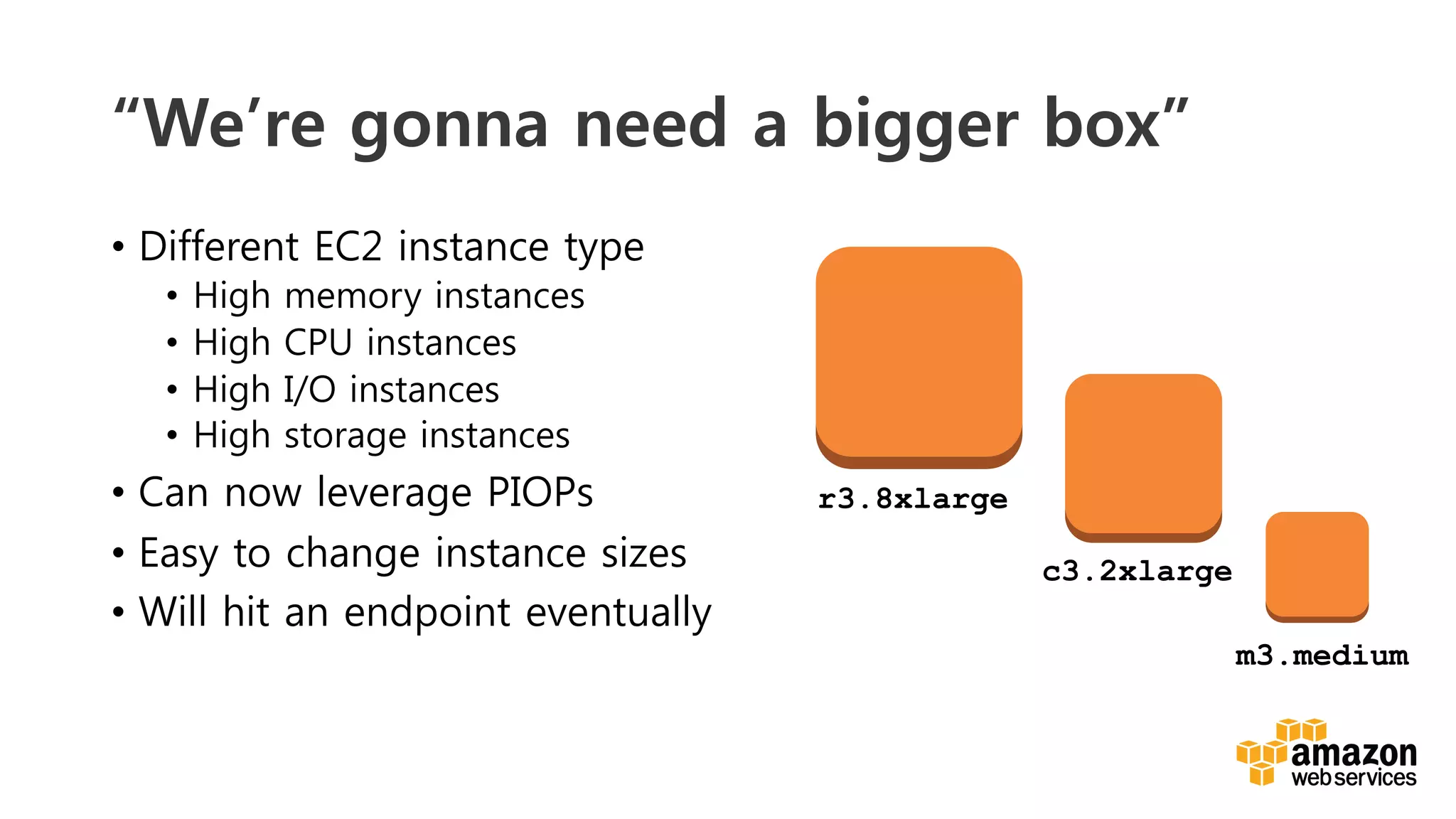v	
  
“We’re gonna need a bigger box”
•  Different EC2 instance type
•  High memory instances
•  High CPU instances
•  High I/O instances
•  High storage instances
•  Can now leverage PIOPs
•  Easy to change instance sizes
•  Will hit an endpoint eventually
r3.8xlarge
c3.2xlarge
m3.medium
 