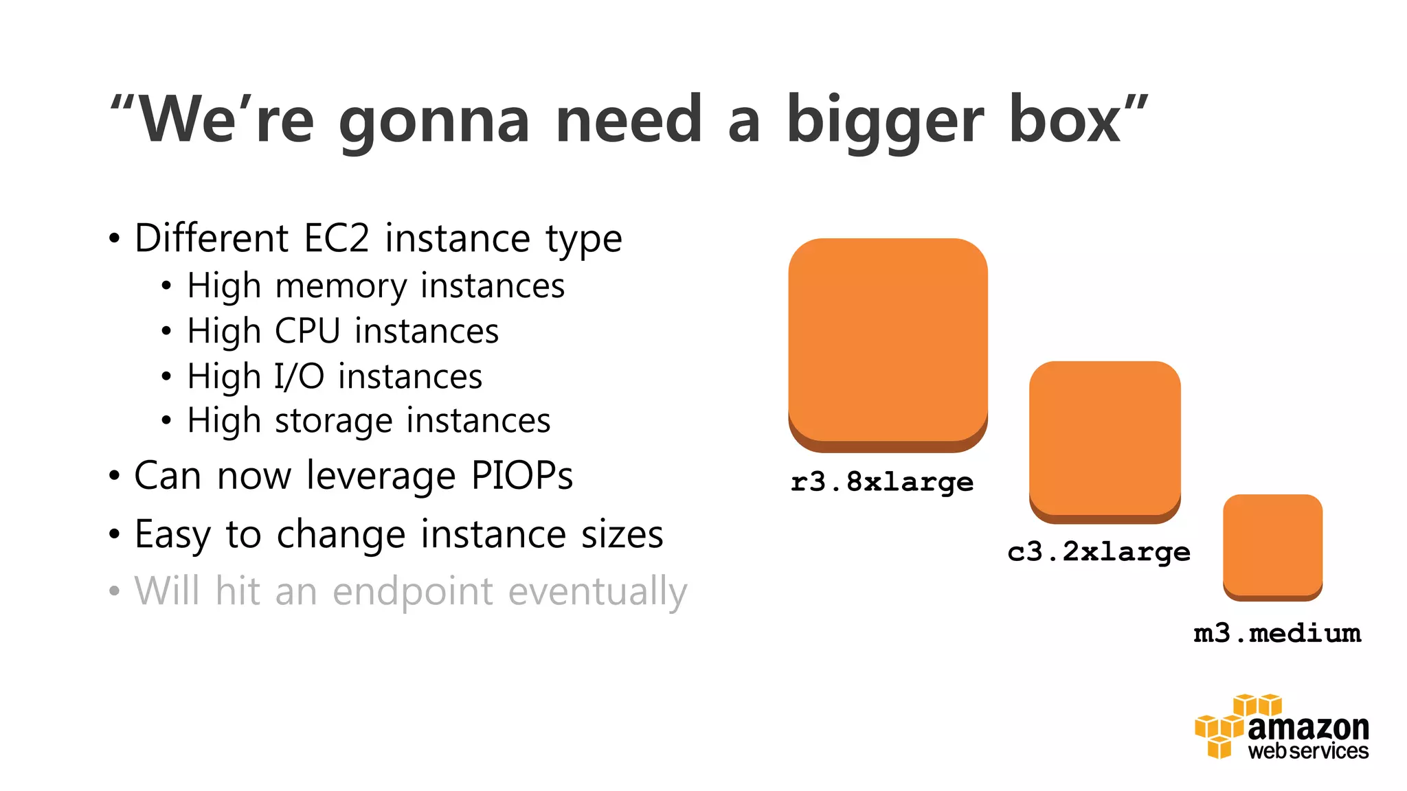 v	
  
“We’re gonna need a bigger box”
•  Different EC2 instance type
•  High memory instances
•  High CPU instances
•  High I/O instances
•  High storage instances
•  Can now leverage PIOPs
•  Easy to change instance sizes
•  Will hit an endpoint eventually
r3.8xlarge
c3.2xlarge
m3.medium
 