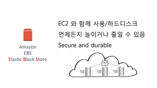 Elastic Block Store(EBS)
EC2에 attach해서 쓸 수 있는 블록스토리지
가용영역 내에 복제되어 EC2의 상태와 상관없음
하나의 EC2에 여러개의 EBS구성
 