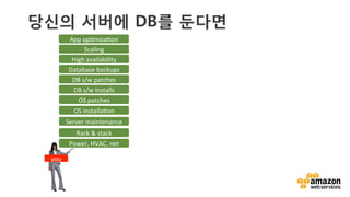 v	
  
당신의 서버에 DB를 둔다면
Power,	
  HVAC,	
  net	
  
Rack	
  &	
  stack	
  
Server	
  maintenance	
  
OS	
  patches	
  
DB	
  s/w	
  patches	
  
Database	
  backups	
  
Scaling	
  
High	
  availability	
  
DB	
  s/w	
  installs	
  
OS	
  installaTon	
  
you	
  
App	
  opTmizaTon	
  
 