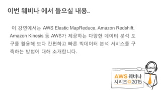 이번 웨비나 에서 들으실 내용..
이 강연에서는 AWS Elastic MapReduce, Amazon Redshift,
Amazon Kinesis 등 AWS가 제공하는 다양한 데이터 분석 도
구를 활용해 보다 간편하고 빠른 빅데이터 분석 서비스를 구
축하는 방법에 대해 소개합니다.
 