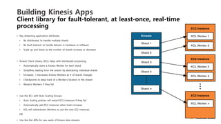 v	
  
Shard 1
Shard 2
Shard 3
Shard n
Shard 4
KCL Worker 1
KCL Worker 2
EC2 Instance
KCL Worker 3
KCL Worker 4
EC2 Instance
KCL Worker n
EC2 Instance
Kinesis
Building Kinesis Apps
Client library for fault-tolerant, at least-once, real-time
processing 
•  Key streaming application attributes:
•  Be distributed, to handle multiple shards
•  Be fault tolerant, to handle failures in hardware or software
•  Scale up and down as the number of shards increase or decrease
•  Kinesis Client Library (KCL) helps with distributed processing:
•  Automatically starts a Kinesis Worker for each shard
•  Simplifies reading from the stream by abstracting individual shards
•  Increases / Decreases Kinesis Workers as # of shards changes
•  Checkpoints to keep track of a Worker’s location in the stream
•  Restarts Workers if they fail
•  Use the KCL with Auto Scaling Groups
•  Auto Scaling policies will restart EC2 instances if they fail
•  Automatically add EC2 instances when load increases
•  KCL will redistributes Workers to use the new EC2 instances
OR
•  Use the Get APIs for raw reads of Kinesis data streams
 