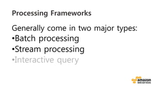 v	
  
Processing Frameworks
Generally come in two major types:
• Batch processing
• Stream processing
• Interactive query
 