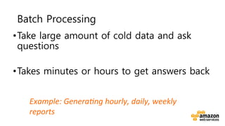 v	
  
Batch Processing
• Take large amount of cold data and ask
questions
• Takes minutes or hours to get answers back
Example:	
  Genera-ng	
  hourly,	
  daily,	
  weekly	
  
reports	
  
 