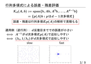 жʽˤ`?вu
Kd(A, b) := span{b, Ab, A2
b, . . . , Ad?1
b}
= {p(A)b : pd ? 1ζʽ}
`?вжʽp(A)νҊe
mУ dĿޤǤǤ`С
?? A?1
dζʽp(A)ǽƤ䤹
?? (i, 1/i)dζʽǽƤ䤹
slow fast
3/ 9
 