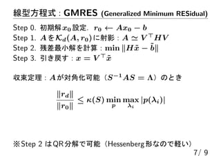 ͷʽGMRES (Generalized Minimum RESidual)
Step 0. ڽx0 Or0  Ax0 ? b
Step 1. AKd(A, r0)ӰA ? V ?
HV
Step 2. вСӋ㣺min H ?x ? ?b
Step 3. x = V ?
?x
AǻܣS?1
AS = ΤȤ
rd
r0
 (S) min
p
max
i
|p(i)|
Step 2 QRֽǿܣHessenbergΤʤΤX
7/ 9
 