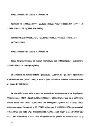Nota: Fórmula 3a x (81:80) = Fórmula 3b.




     Fórmula 4a (104878125:25) = (3,1256116926670074462890625) = E### (+ 2)

(1243). 104878125 = [(9944:8) x 84374].




     Fórmula 4b. (1699025625:229) = (3,16468183882534503936767578125)

     =E###(+3)(1243).




     Nota: Fórmula 4a x (81:80) = Fórmula 4b.




     Todas las proporciones se pueden multiplicar por (32805:32768 = Schisma) o

(531441:524288 = coma pitagórica).




     Un π musical de número entero = (405:128) = 3,1640625 = (3,125 G# equivalente

al pi babilónico) x (81/80 coma) = nota G# (+1). Este valor también se encuentra en

las líneas del hidrógeno.




     He descubierto que esta proporción equivale al antiguo valor pi de Arquímedes

(Véase nota 1) (22/7 =31/7)=9,944196428571 = (4455:448), y esa es la diferencia

exacta entre dos líneas espectrales de hidrógeno (Lyman M3 = 102,515625

milicrones menos Lyman M8 = 92,571428 milicrones 9,944196428571 exactamente).

(405:128) es una nota G* (+ 1) sintonizada y 102,515625 es [64 x (6561:4096)] que

es = 1,601806640625 y es el ciclo pitagórico de la quinta de la nota G» (+ 2), y


     212
 
