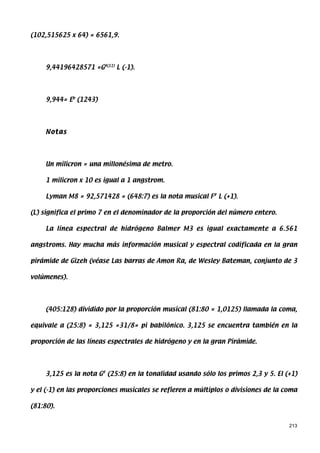(102,515625 x 64) = 6561,9.




     9,44196428571 =G#(11) L (-1).




     9,944= Eb (1243)




     Notas




     Un milicron = una millonésima de metro.

     1 milicron x 10 es igual a 1 angstrom.

     Lyman M8 = 92,571428 = (648:7) es la nota musical F# L (+1).

(L) significa el primo 7 en el denominador de la proporción del número entero.

     La línea espectral de hidrógeno Balmer M3 es igual exactamente a 6.561

angstroms. Hay mucha más información musical y espectral codificada en la gran

pirámide de Gizeh (véase Las barras de Amon Ra, de Wesley Bateman, conjunto de 3

volúmenes).




     (405:128) dividido por la proporción musical (81:80 = 1,0125) llamada la coma,

equivale a (25:8) = 3,125 =31/8= pi babilónico. 3,125 se encuentra también en la

proporción de las líneas espectrales de hidrógeno y en la gran Pirámide.




     3,125 es la nota G# (25:8) en la tonalidad usando sólo los primos 2,3 y 5. El (+1)

y el (-1) en las proporciones musicales se refieren a múltiplos o divisiones de la coma

(81:80).


                                                                                    213
 