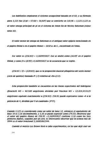 Los babilonios emplearon el sistema sexagesimal basado en el 60, y su fórmula

para 3,125 fue (3/pi = 57/60 + 36/602) que se convierte en 3/0,96 = 3,125.3,125 es

al valor omega principal de pi en el sistema de Amon Ra de Wesley Bateman (véase

nota 16).




     El valor menor de omega de Bateman es el antiguo valor egipcio mencionado en

el papiro Rhind o en el papiro Ahmes ~ 1650 a. de C., encontrado en Tebas.




     Ese valor es (256:81) = 3,160493827. Eso se anotó como (16/0)2 en el papiro

Rhind, y como [4 x (8/9)2]. 0,160493827 es la secuencia que se repite.




     (256:81 / 2) = (128:81), que es la proporción musical pitagórica del sexto menor

(ciclo de quintos) llamada Ab (-1) relativa aC=Do=(1:1).




     Esta proporción también se encuentra en las líneas espectrales del hidrógeno

(Brackett M5 = 40.500 angstroms dividido por Paschen M5 = 12.814,453125

angstroms equivale exactamente a (256:81). 256:81 puede expresarse como «4 a la

potencia de 4, dividido por 9 al cuadrado» [4492].




Cuando 3,125 es considerado como un valor de base 12, entonces el equivalente de
base 10 es 3,16 decimalmente, y 3,16 se puede expresar como (79:25). Obsérvese que
el valor del papiro Ahmes de 256:81 =3,160493827 contiene 3,16 como los tres
primeros dígitos, seguidos por un cero. Es interesante observar que la octava raíz de
9944 es el valor irracional 3,16005862344.

     Cuando el músico Les Brown llevó a cabo experimentos, en los que dejó caer un


     214
 