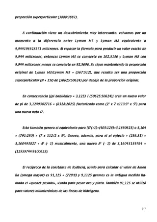 proporción superparticular (3888:3887).




    A continuación viene un descubrimiento muy interesante: volvamos por un

momento a la diferencia entre Lyman M3 y Lyman M8 equivalente a

9,944196428571 milicrones. Al repasar la fórmula para producir un valor exacto de

9,944 milicrones, entonces Lyman M3 se convierte en 102,5136 y Lyman M8 con

9,944 milicrones menos se convierte en 92,5696. Se sigue manteniendo la proporción

original de Lyman M3/Lyman M8 = (567:512), que resulta ser una proporción

superparticular (N + 1:N) de (50625:50624) por debajo de la proporción original.




    En consecuencia [(pi babilónico = 3,125) / (50625:50624)] crea un nuevo valor

de pi de 3,1249382716 = (6328:2025) factorizado como (23 x 7 x113:34 x 52) para

una nueva nota G3.




    Esto también genera el equivalente para [G#(+1)=(405:128)=3,1640625] o 3,164

= (791:250) = (7 x 112/2 x 53). Genera, además, para el pi egipcio = (256:81) =

3,160493827 = Ab (- 1) musicalmente, una nueva Ab (- 1) de 3,16043139764 =

(12959744:4100625).




    El recíproco de la constante de Rydberg, usado para calcular el valor de Amon

Ra (omega mayor) es 91,125 = (729:8) y 9,1125 gramos es la antigua medida lla-

mada el «quedet pesado», usada para pesar oro y plata. También 91,125 se utilizó

para valores milimicrónicos de las líneas de hidrógeno.




                                                                                   217
 